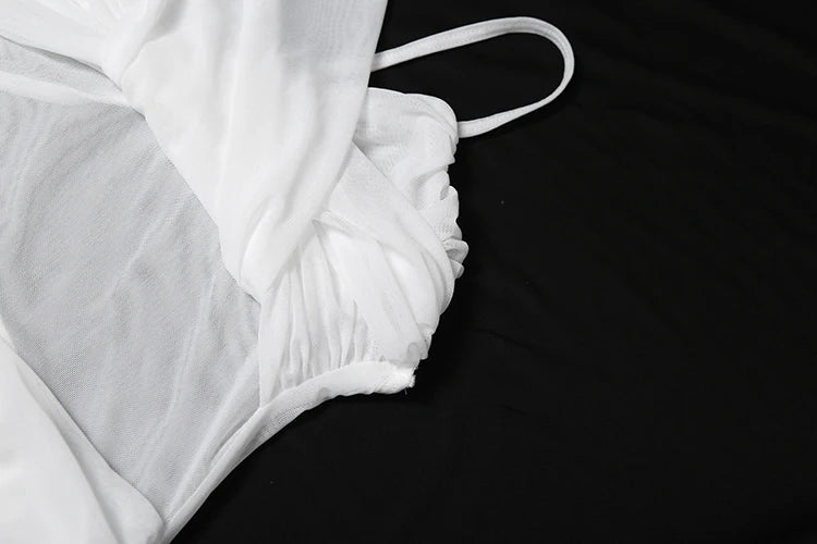 Patchwork Mesh Maxi Dress Women Irregular Double Deck Slits Skinny Ruffles Summer Trend Vacation Beach Party Vestidos