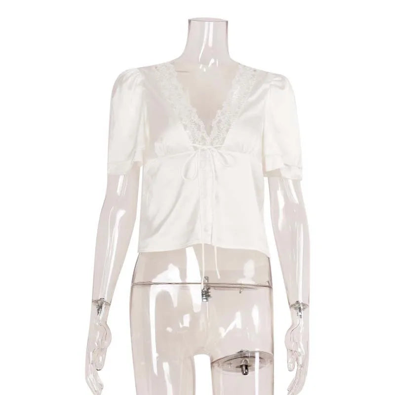Women's Y2K Satin Lace Trim Blouse V Neck Tie Front Puff Short Sleeve Button Down Fitted Waist Streetwear Summer Top