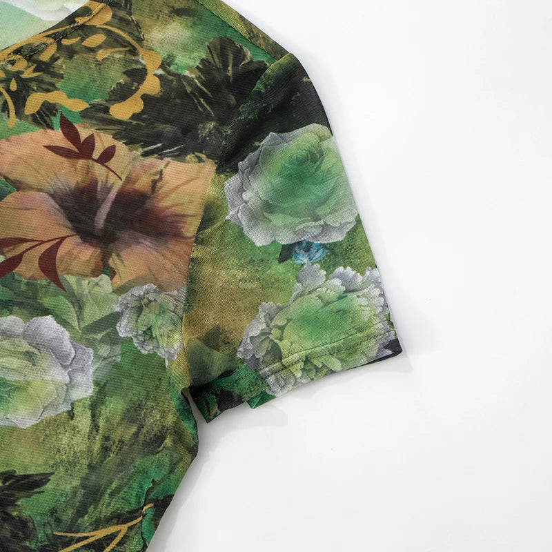 Mesh Patchwork 2 Piece Set Women Flower Print Short Sleeve Crop Tops+Stretch Flared Pants Street Fashion Sexy Outfits
