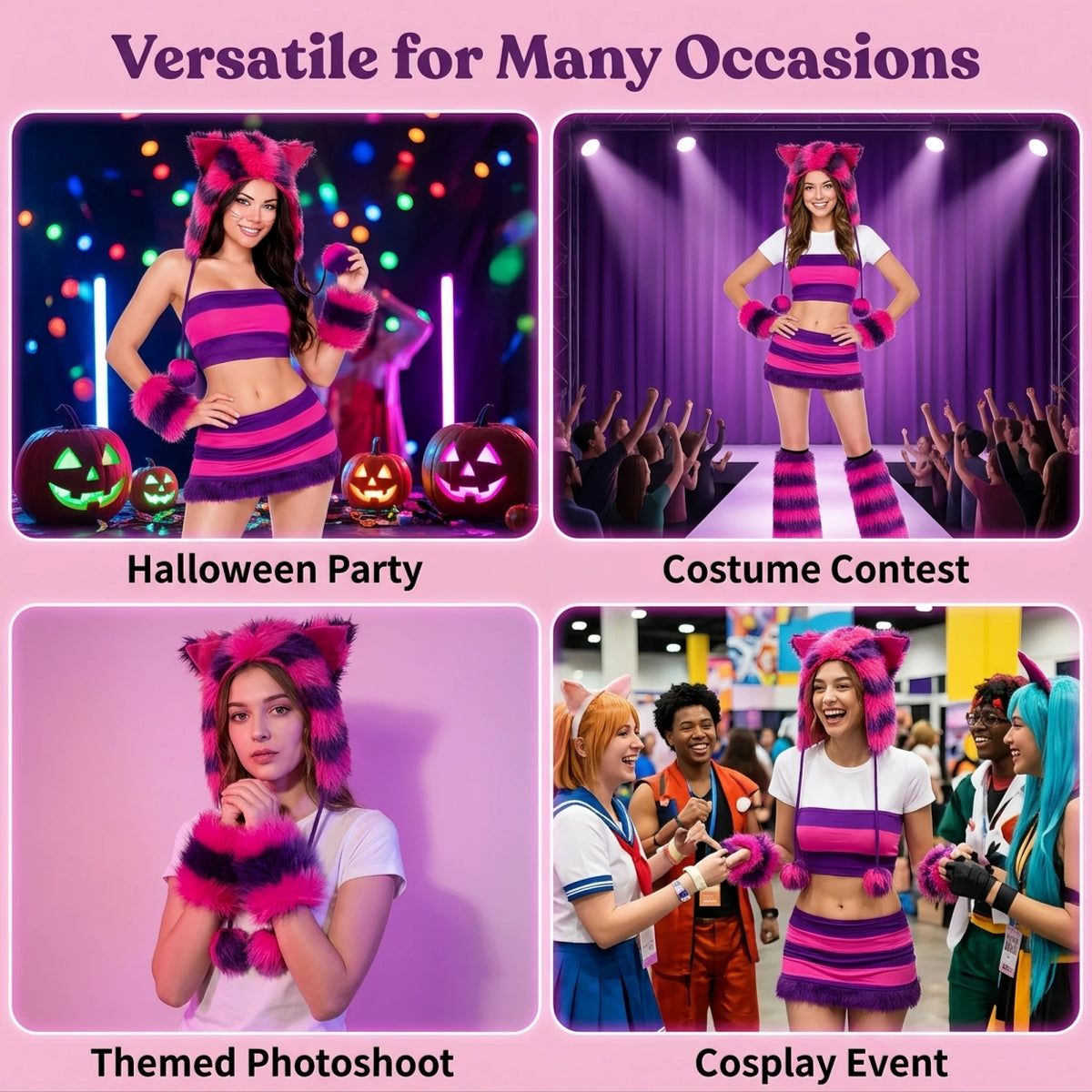 Cheshire Cat Faux Fur Accessory Kit Pink Purple Striped Cat Ear Hat Wrist Cuffs Leg Warmers Halloween Cosplay Dress Up