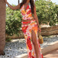 Floral Print 2 Piece Set Women Halter Low-Neck Backless Crop Tops+Skinny Splits Long Skirts Vacation Beach Style Suit