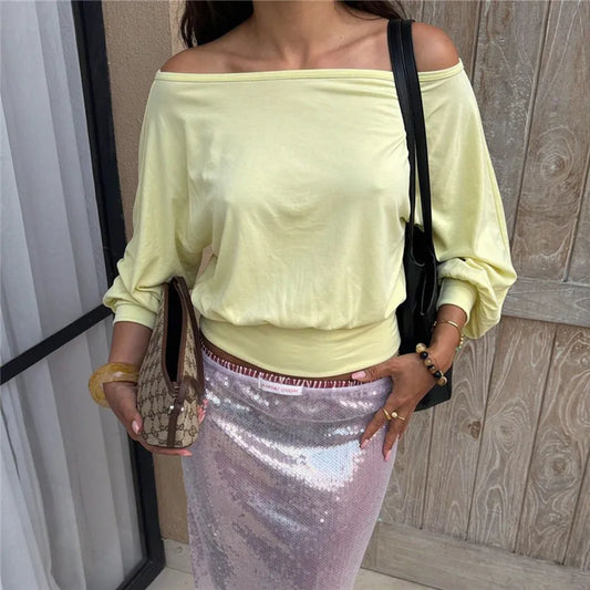 Women Off Shoulder Long Sleeve Crop Top Solid Color Puff Sleeve Slim Fit Waist Blouse Y2K Streetwear Loose Casual Tees
