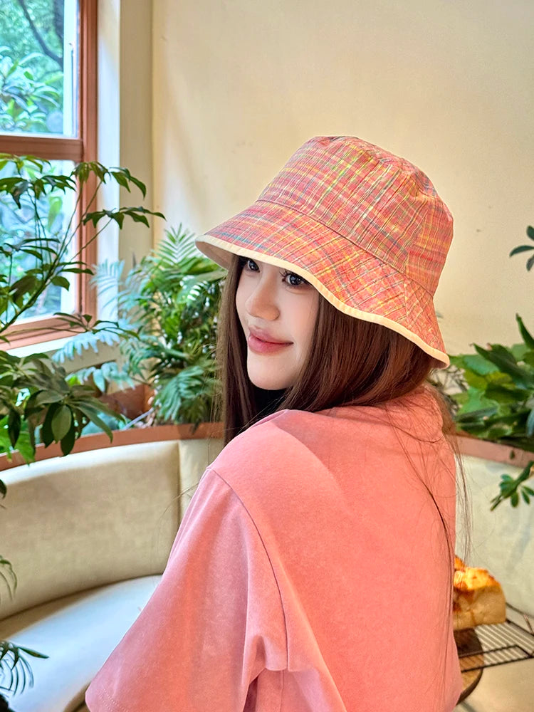 Reversible Pink Plaid & Beige Bucket Hat with Metal Logo for Women