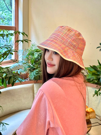 Reversible Pink Plaid & Beige Bucket Hat with Metal Logo for Women