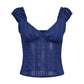 Women Frilled Shoulder Strap Tank Top Deep V Neck Lace Textured Cropped Blouse Back Shirred Elastic Slim Fit Summer Cami