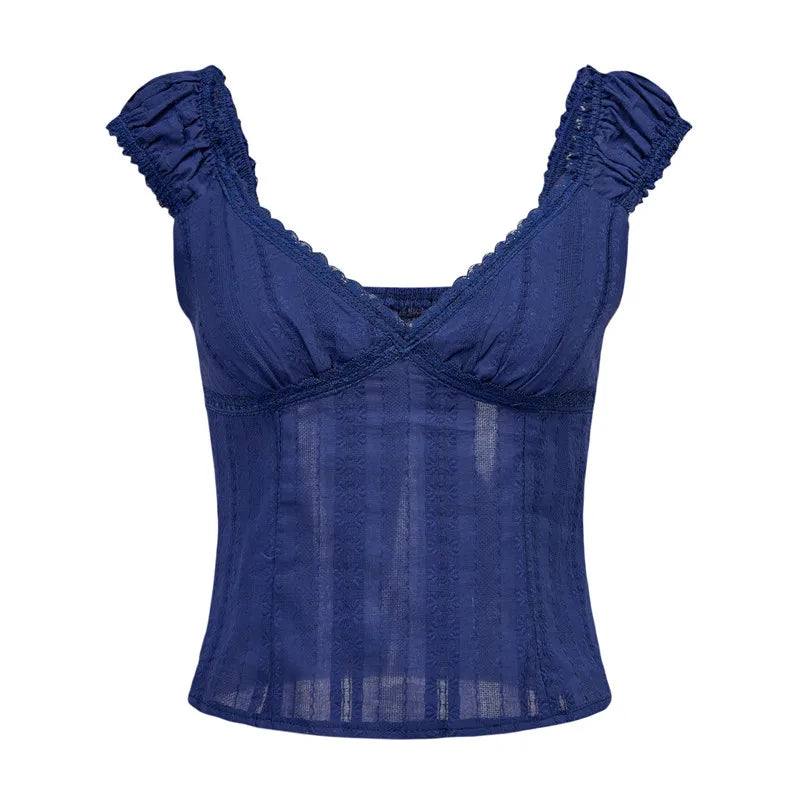 Women Frilled Shoulder Strap Tank Top Deep V Neck Lace Textured Cropped Blouse Back Shirred Elastic Slim Fit Summer Cami
