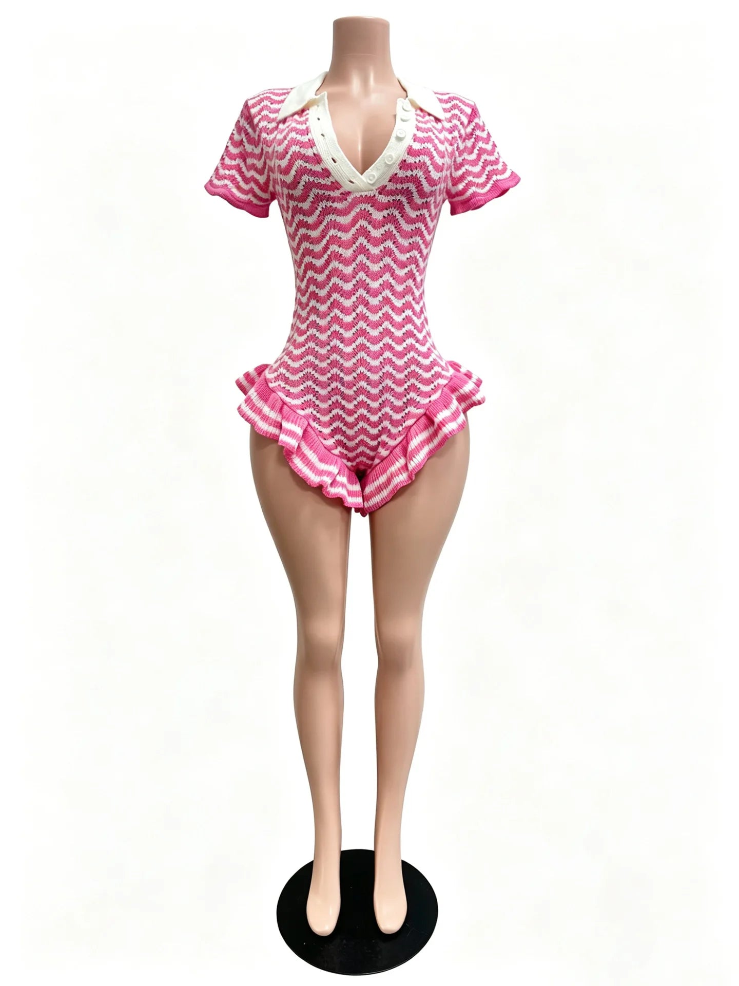 Ruffled Edge Knit Romper Women Sexy Single-Breasted Turn Down Collar Short Sleeve Fashion Trend Party Street Playsuit