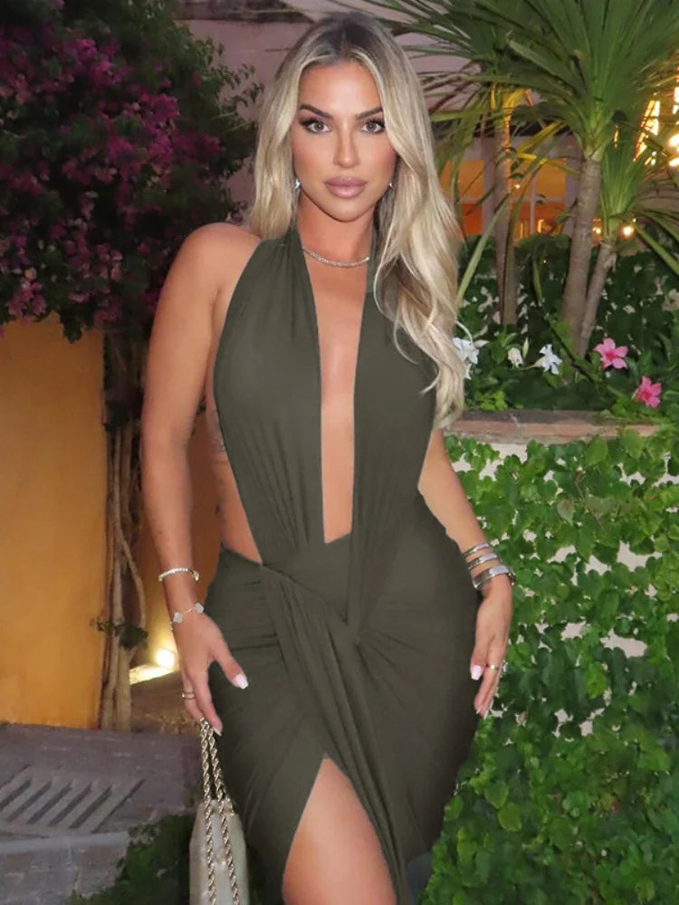 Deep V Halter Backless Split Long Dresses Sexy Outfits Woman Clothing Club Wear Party Dress