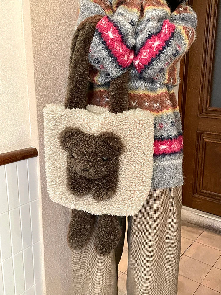 Y2K Cute Lambswool 3D Bear Soft Warm Shoulder Bag For Women