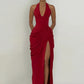 Elegant Backless Dress Women Sexy Fashion Halter Deep V-Neck Ruched Patchwork High Split Simple Banquet Party Bodycon