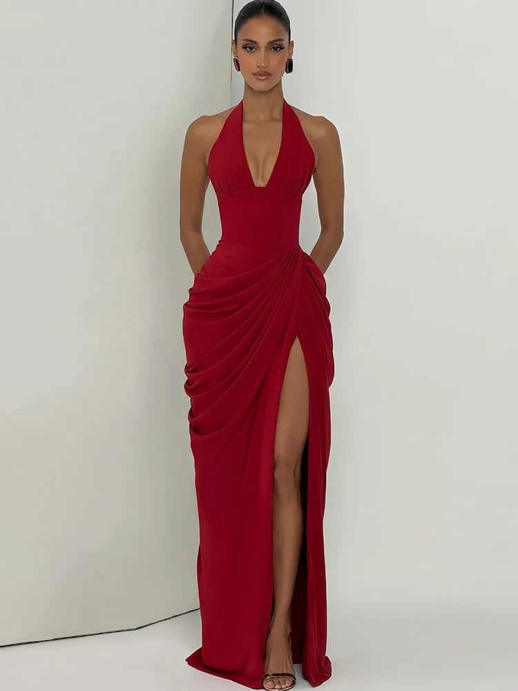 Elegant Backless Dress Women Sexy Fashion Halter Deep V-Neck Ruched Patchwork High Split Simple Banquet Party Bodycon