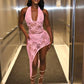 Sexy Fashion 2 Piece Set Woman Lace Patchwork Halter Low-Neck Backless Skinny Bodysuits+Irregular Mid Skirts Suits