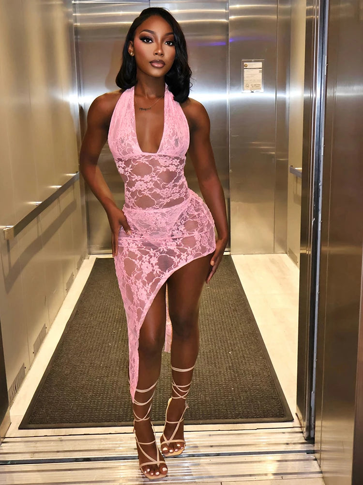 Sexy Fashion 2 Piece Set Woman Lace Patchwork Halter Low-Neck Backless Skinny Bodysuits+Irregular Mid Skirts Suits