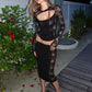 See Through Jacquard 2 Piece Set Women Hollow o-Neck Full Sleeve Skinny Crop Tops+Classic Skirt Sexy Midnight Suit