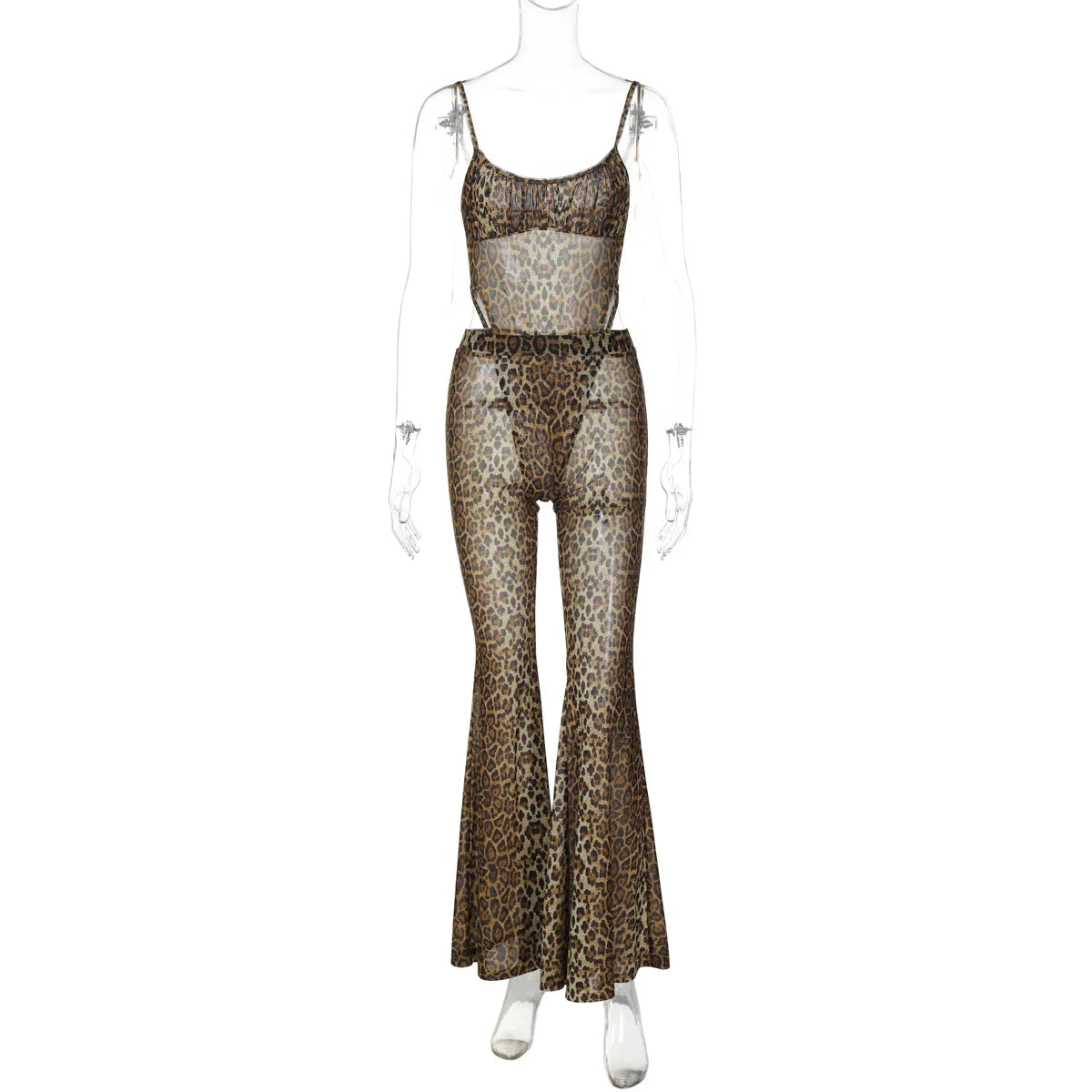 See-through Mesh Leopard Print Flare Jumpsuit 2 Piece Set Bodysuit and Pants Womens Clothes Club Outfits