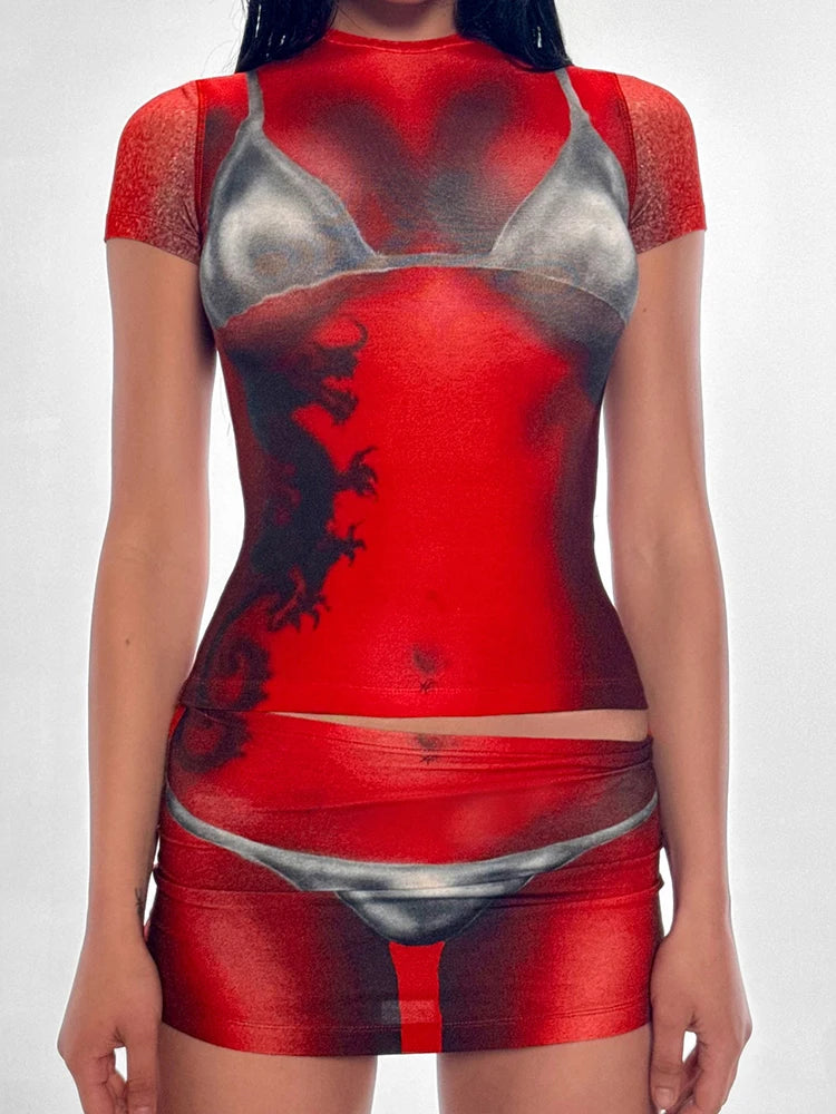 Sexy Fashion Bikini Print 2 Piece Set Woman O-Neck Short Sleeve Crop Tops+Mini Skirts High Street Style Classic Suit
