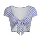 Women Front Tie Knot Cropped T Shirt V Neck Puff Short Sleeve Slim Fit Solid Plaid Crop Top Vintage Summer Casual Blouse