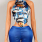 Sexy Women 2 Piece Set Tracksuit Summer Colorful Print Backless Halter Belly Tops+Shorts Matching Slim Clubwear Suits