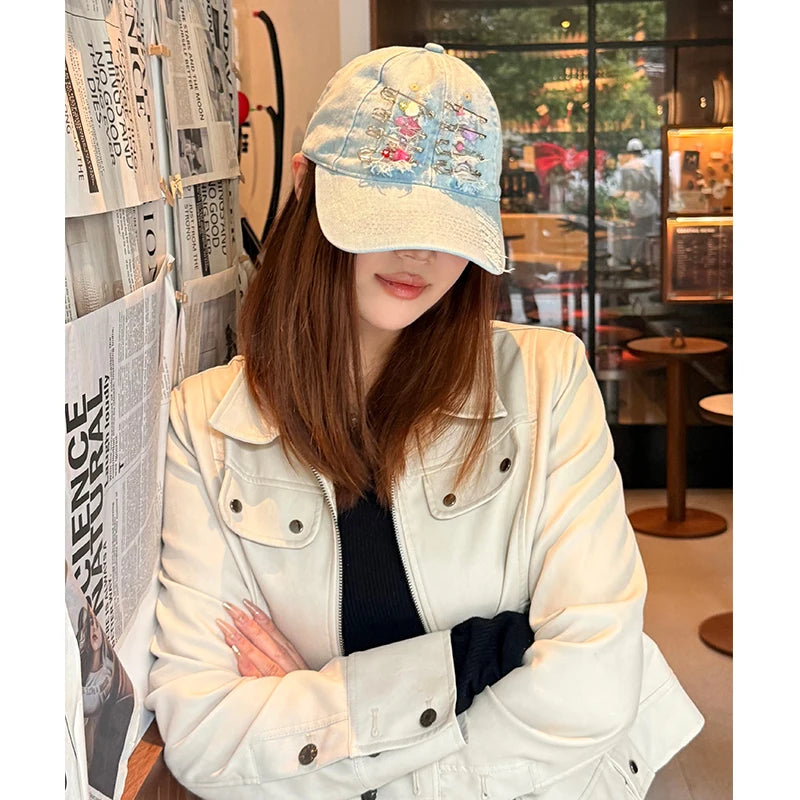 Women's Y2K Distressed Denim Baseball Cap, Bead Embellished Washed Jean Dad Hat, Adjustable Streetwear Sun Hat