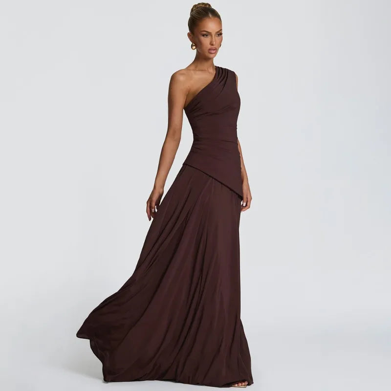 One Shoulder Backless Maxi Dress Brown Yellow Elegant Evening Gown Dresses Woman Wedding Party Attire