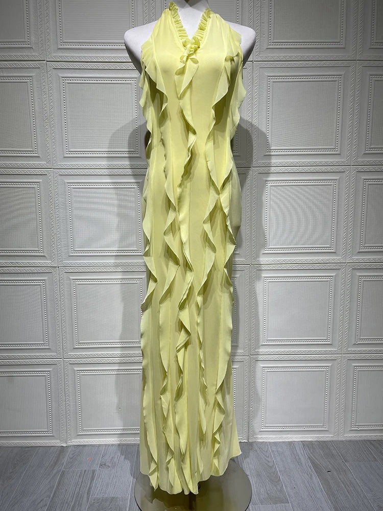 Halter Off-shoulder Ruffle Sexy Maxi Dress Women Fashion V Neck Sleeveless Backless Bodycon Club Party Long Dress