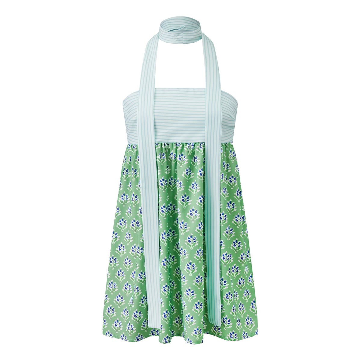 Halter Neck Mixed Print Mini Dress Women Striped Patchwork Sleeveless A Line Sundress Multi Color Beach Vacation Dress