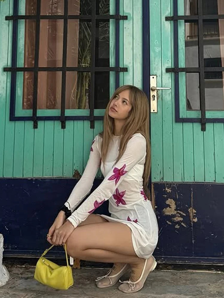 Orchid Print Dress Women See Through Full Sleeve o-Neck Skinny Autumn Simple Streetwear o-Neck Daily Basic Bodycon