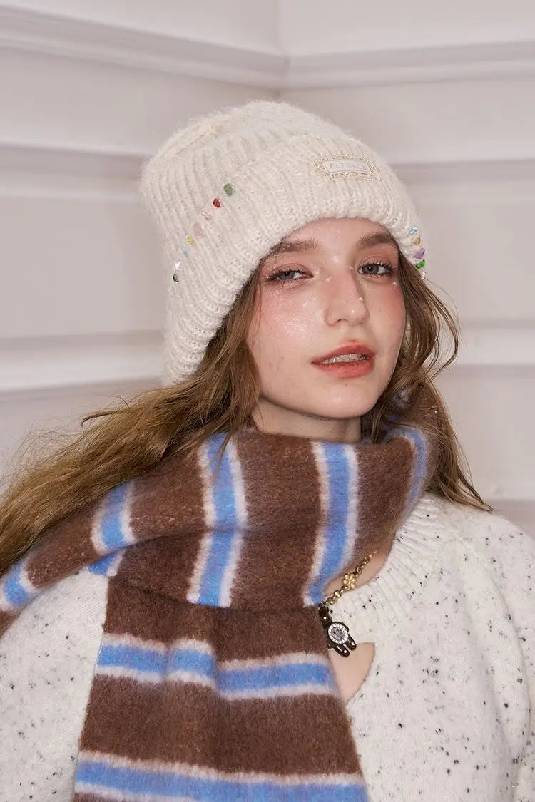 Y2K Casual Solid Color Stone Stacked Beanie For Women