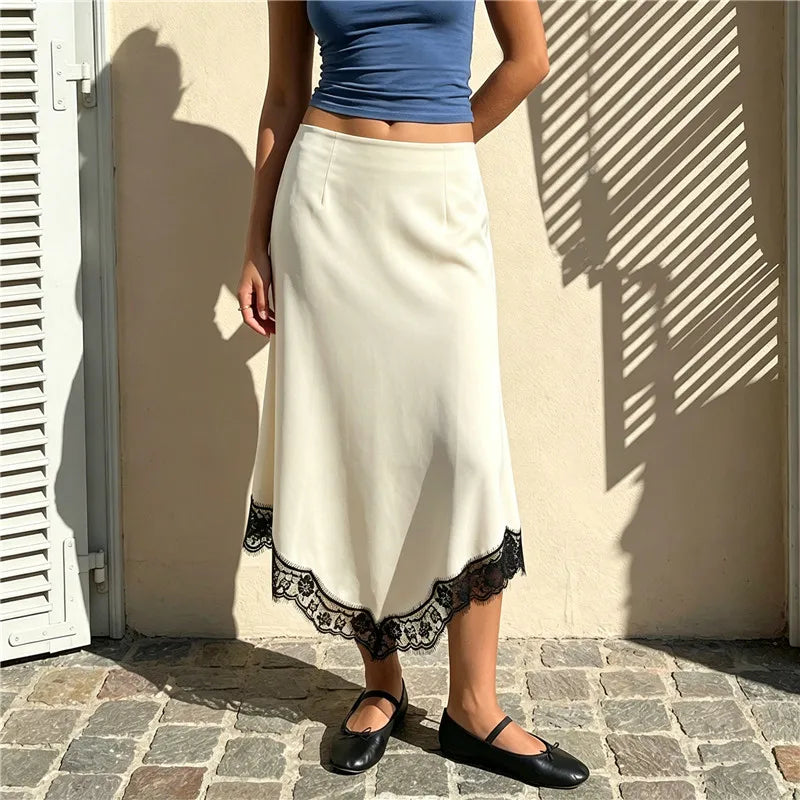 French Satin Lace Trim Midi Skirt Women High Waist Asymmetrical Hem Flowy Elegant Skirt For Office Commute Date Night