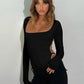 Square Neck Cutout Backless Bodysuits Women Sexy Long Sleeve Tops Black White Tees Trending