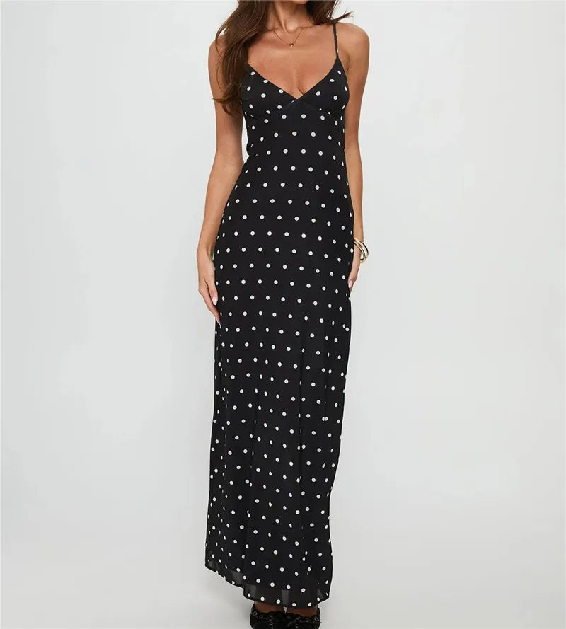 Women Long Dress Polka Dots Print V-Neck Sleeveless Cami Dress Summer Fashion Spaghetti Strap Bodycon Maxi Dress