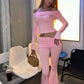 Street 2Piece Set Woman Autumn Slash Neck Backless Crop Tops+Ruched Elastic Waist Long Pants Elegant Casual Fashion Suits