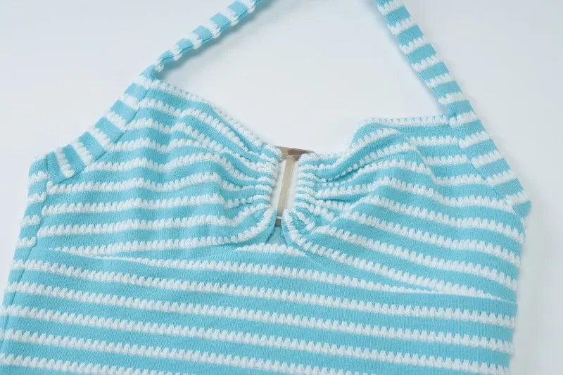 Woman 2 Piece Outfit Set Summer Vacation Blue Striped Knit Halter Top and Shorts Matching Sets