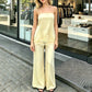 Women's 2 Pieces Summer Outfit Solid Color Strapless Sleeveless Lace Trim Patchwork Tube Tops and Wide Leg Pants Set