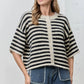 Women Contrast Stripe Plush Mohair Knit Cardigan Round Neck Button Front Half Sleeve Loose Fit Cropped Knit Jacket Fall
