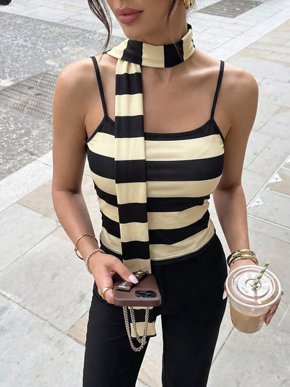Stripe Print Camisole+Scarf Women Low-Neck Backless Skinny Stretch Summer High Street Casual Style Classic Tank Tops