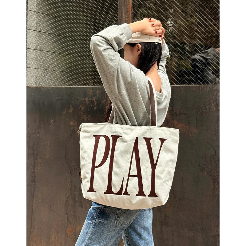 Off White Large Canvas Tote Bag with Bold Maroon "PLAY" Print for Women