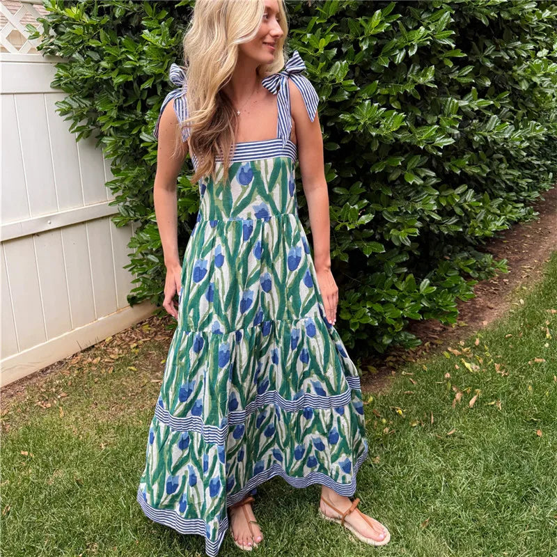 Women Summer Boho Maxi Dress Vintage Floral Tie Shoulder Flowy Long Dress Square Neck Ruffle Tiered Beach Sundress