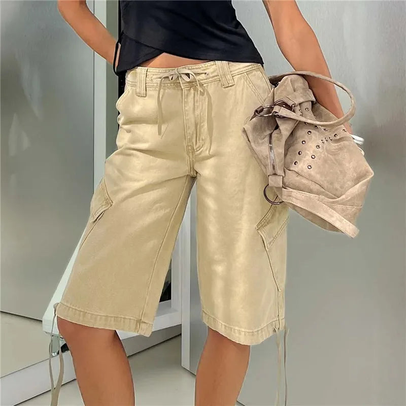 Women's Y2K Low Waist Cargo Bermuda Shorts Drawstring Tie Hem Knee Length Pants with Pockets Casual Loose Fit Streetwear
