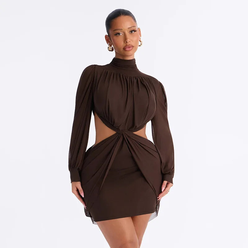 Mesh Sheer Long Sleeve Cut Out Mini Dress Woman Clothing Elegant Sexy Autumn Winter Dresses 2026