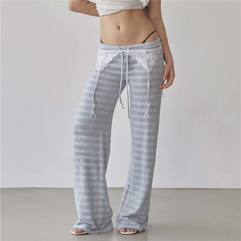 Y2k Striped Pants Fairy Coquette Low Waist Lounge Sweatpants Preppy Teen Girl Vintage Long Trousers Streetwear