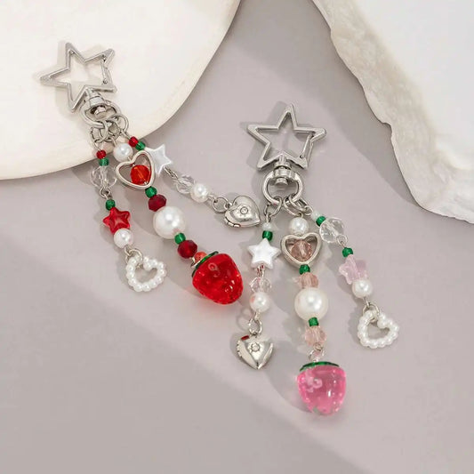 Y2K 2025 New Korean Fashion Strawberry Bow Keychains Heart Pendant Keyring Ins Aesthetic Holder Bag Pendant Accessories