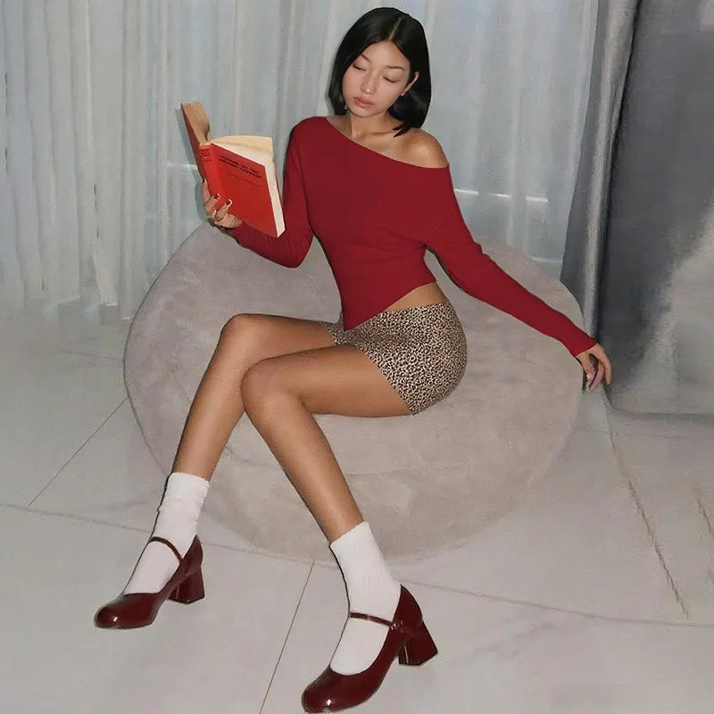 Fashion Asymmetrical Tops Solid Color One Shoulder Split Long Sleeve T Shirts for Woman Clothing Fall 2025