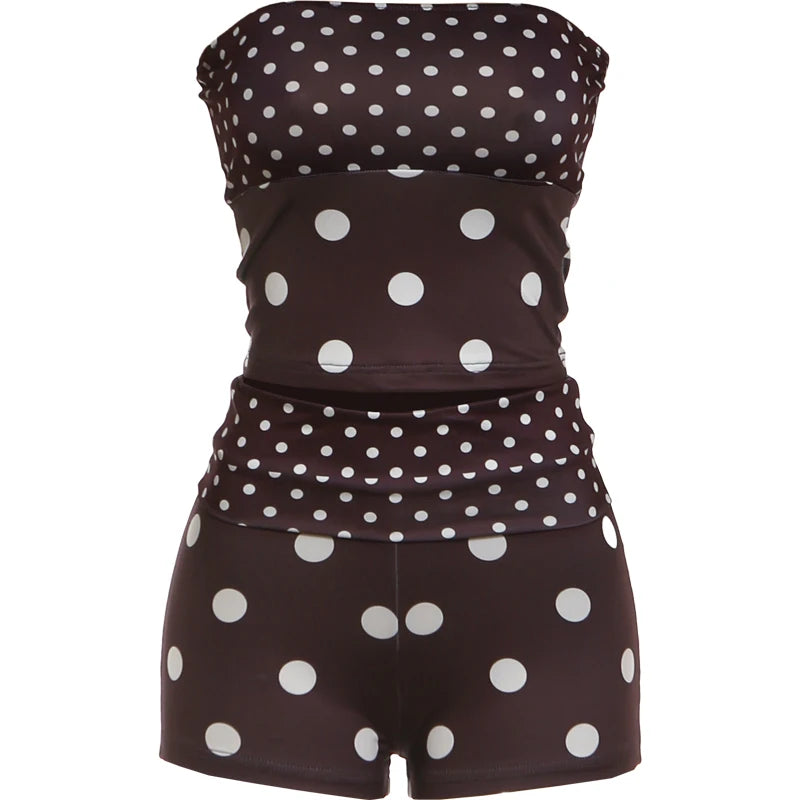 Sexy Polka Dot Patchwork 2 Piece Set Woman Sexy Wrap Chest Backless Tank Tops+Bike Shorts Midnight Party Fashion Suit