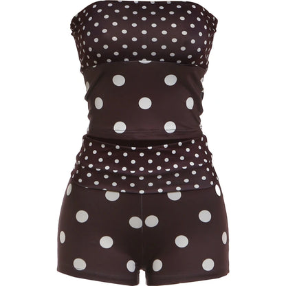 Sexy Polka Dot Patchwork 2 Piece Set Woman Sexy Wrap Chest Backless Tank Tops+Bike Shorts Midnight Party Fashion Suit