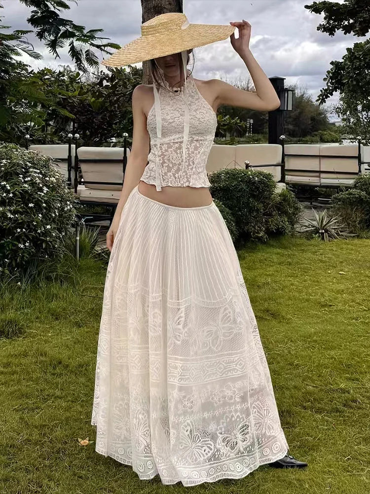 Jacquard Elegant 2-Piece Set Women Skinny Sexy Tank Tops+Drapes Long Skirts Banquet Vacation Matching Clubwear Suit