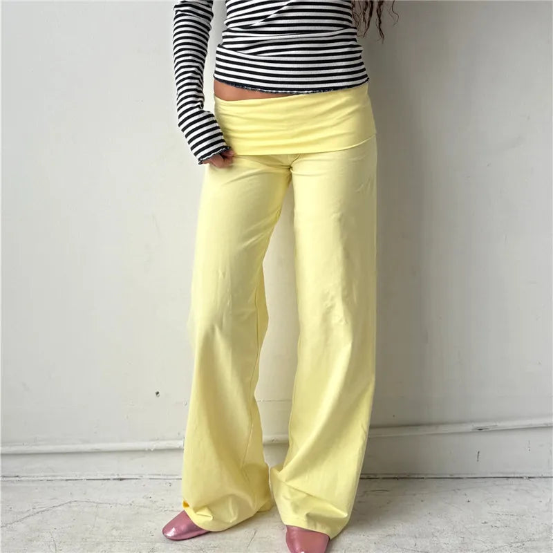 Women Wide Leg Pants Solid Fold Over Waist Casual Trousers Spring Fall Straight Leg Sweatpants Bottoms Y2K Streetwear