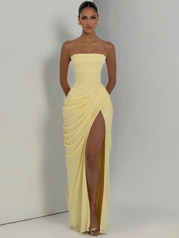 Chiffon Off-shoulder Strapless Sexy Maxi Dress Women Elegant Sleeveless Backless High Split Ruched Club Party Dress