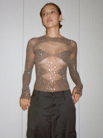 See Through Hollow Knit Fishnet Bodysuit Women Long Sleeve Rhinestone Mesh Bodysuits Sexy Night Club Outfits