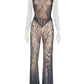 See Through Tiger Print 2-Piece Set Women o-Neck Halter Backless Bandage Vest+Trousers Elasticity Sexy Midnight Suits
